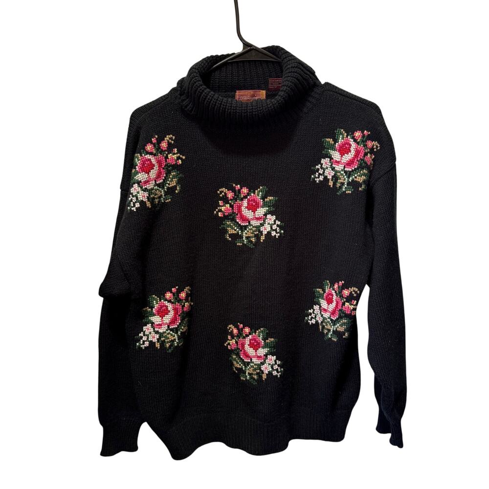 VTG Worthington Turtleneck Knit Sweater w/Cross-stitch Flowers on Front Size M